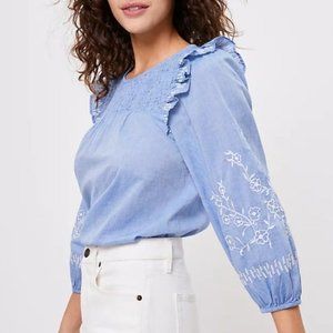 LOFT Petite Embroidered Smocked Blouse